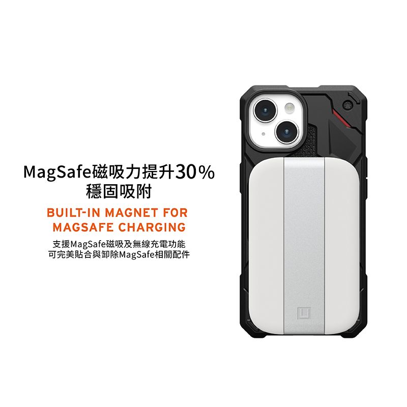 MagSafe磁吸力提升30%穩固吸附BUILT-IN MAGNET FORMAGSAFE CHARGING支援MagSafe磁吸及無線充電功能可完美貼合與卸除MagSafe相關配件