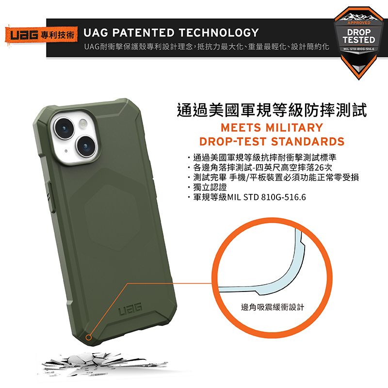 UAG PATENTED TECHNOLOGYUAG耐衝擊保護殼專利設計理念,抵抗力最大化、重量最輕化、設計簡約化APPROVEDDROPTESTEDMIL  通過美國軍規等級防摔測試MEETS MILITARYDROP-TEST STANDARDS通過美國軍規等級抗摔耐衝擊測試標準各邊角落摔測試-四英尺高空摔落26次測試完畢 手機/平板裝置必須功能正常零受損獨立認證軍規等級MIL STD 810G-516.6邊角吸震緩衝設計