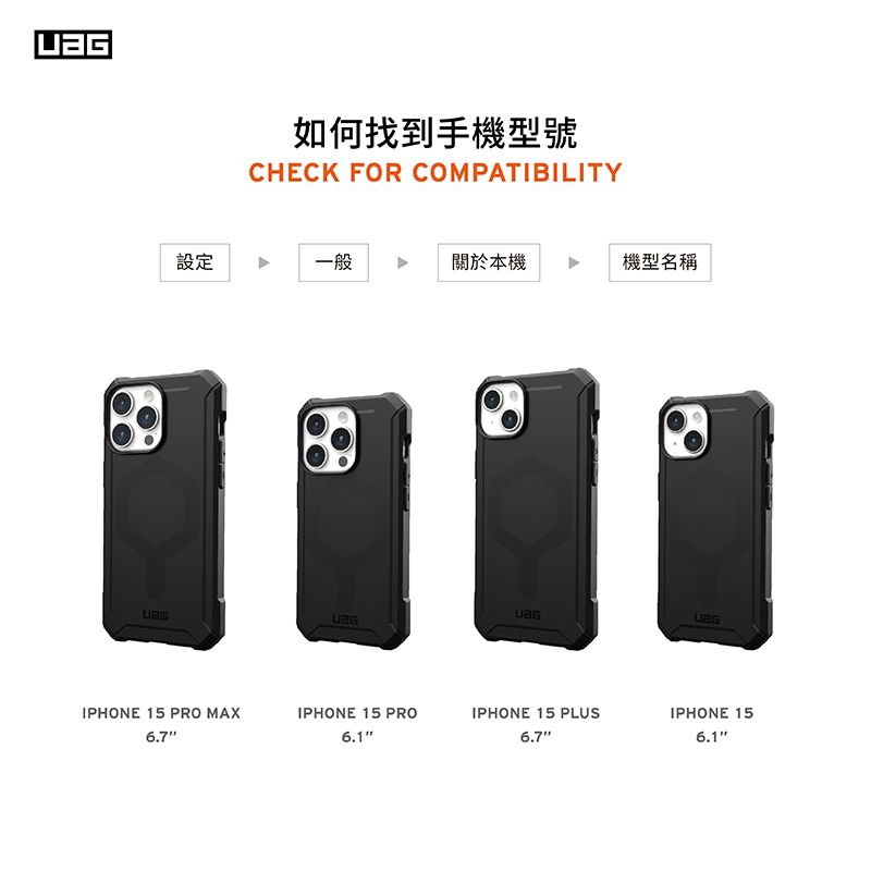 如何找到手機型號CHECK FOR COMPATIBILITY設定一般關於本機機型名稱IPHONE 15 PRO MAX6.7IPHONE 15 PROIPHONE 15 PLUSIPHONE 156.7