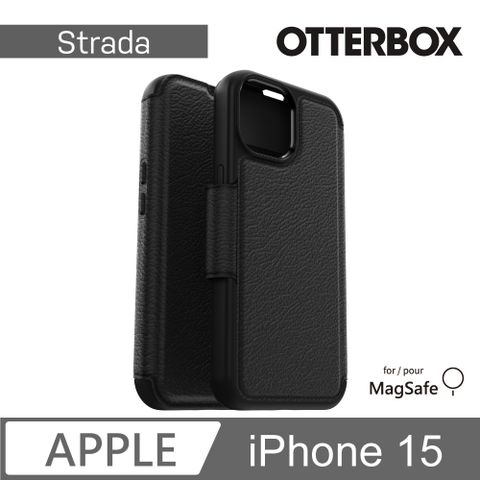 OTTERBOX iPhone 15 6.1吋 Strada 步道者系列真皮掀蓋保護殼-黑(支援MagSafe)