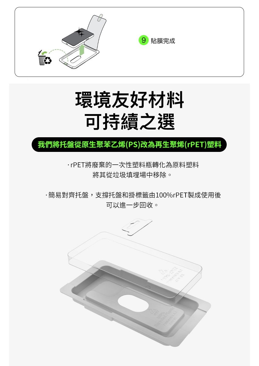 9 貼膜完成環境友好材料可持續之選我們將托盤從原生聚苯乙烯(PS)改為再生聚烯(rPET)塑料rPET將廢棄的一次性塑料瓶轉化為原料塑料將其從垃圾填埋場中移除。簡易對齊托盤,支撐托盤和掛標籤由100%rPET製成使用後可以進一步回收。