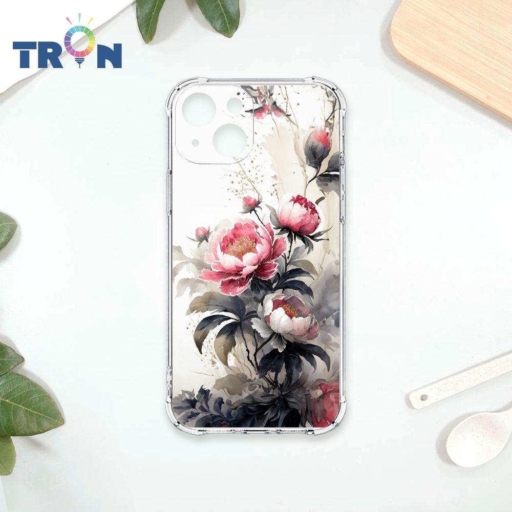  TRON IPhone 15 古風水墨畫紅牡丹花 四角防摔殼 手機殼