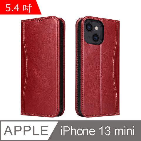 Fierre Shann 新西槍系列 iPhone 13 mini (5.4吋) 錢包式 磁吸側掀 手工真皮皮套 立架 插卡 手機皮套保護殼-紅色