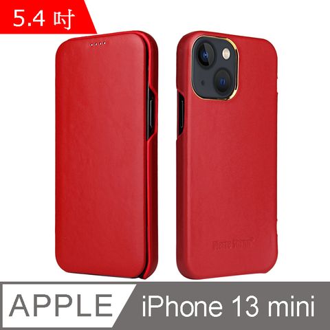 Fierre Shann 商務紋 iPhone 13 mini (5.4吋) 磁吸側掀 手工真皮皮套 手機皮套保護殼-紅色