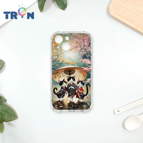 TRON IPhone 13 MINI 日系撐傘在櫻花下跳舞的3隻貓咪系列 四角防摔殼 手機殼