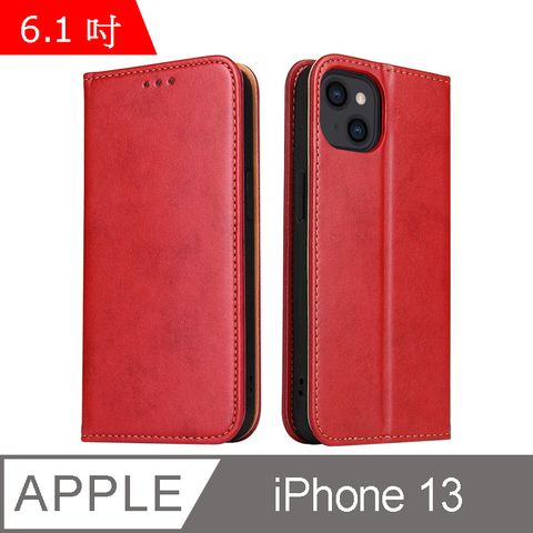 PU Fierre Shann 真皮紋 iPhone 13 (6.1吋) 錢包支架款 磁吸側掀 手工皮套保護殼-紅色