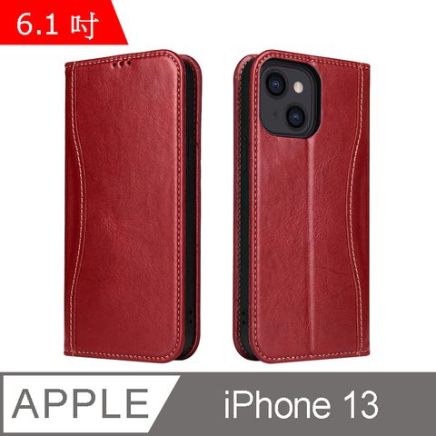 Fierre Shann 新西槍系列 iPhone 13 (6.1吋) 錢包式 磁吸側掀 手工真皮皮套 立架 插卡 手機皮套保護殼-紅色