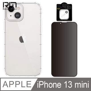 RedMoon APPLE iPhone13 mini 5.4吋 手機殼貼3件組 空壓殼-9H防窺保貼+3D全包鏡頭貼