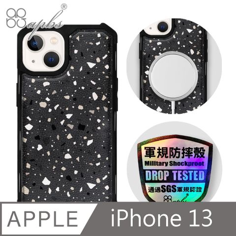 APBS iPhone 13 6.1吋軍規防摔皮革磁吸手機殼-經典牛紋-鐵灰磨石(上光版)-黑殼