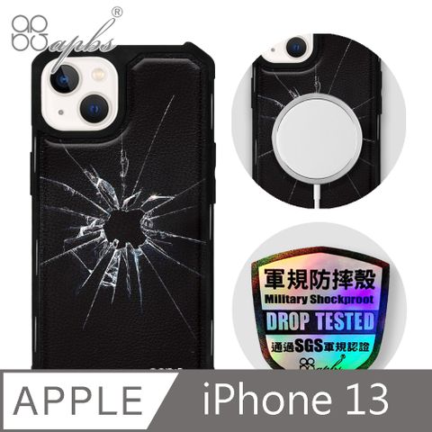 APBS iPhone 13 6.1吋軍規防摔皮革磁吸手機殼-經典牛紋-蘋果彈孔-黑殼