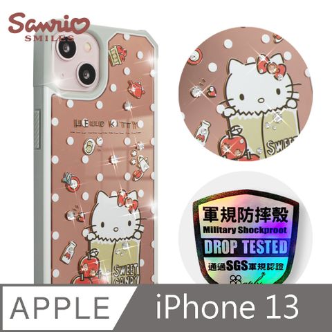 Sanrio 三麗鷗 三麗鷗 Kitty iPhone 13 6.1吋軍規防摔鏡面水晶彩鑽手機殼-蘋果凱蒂