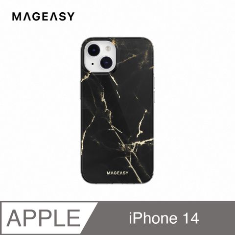 MAGEASY iPhone 14 6.1吋 Marble M 大理石紋磁吸防摔手機殼,珍珠黑 (支援MagSafe)