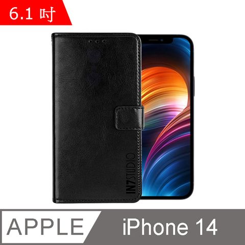 IN7 瘋馬紋 iPhone 14 (6.1吋) 錢包式 磁扣側掀PU皮套 吊飾孔 手機皮套保護殼-黑色