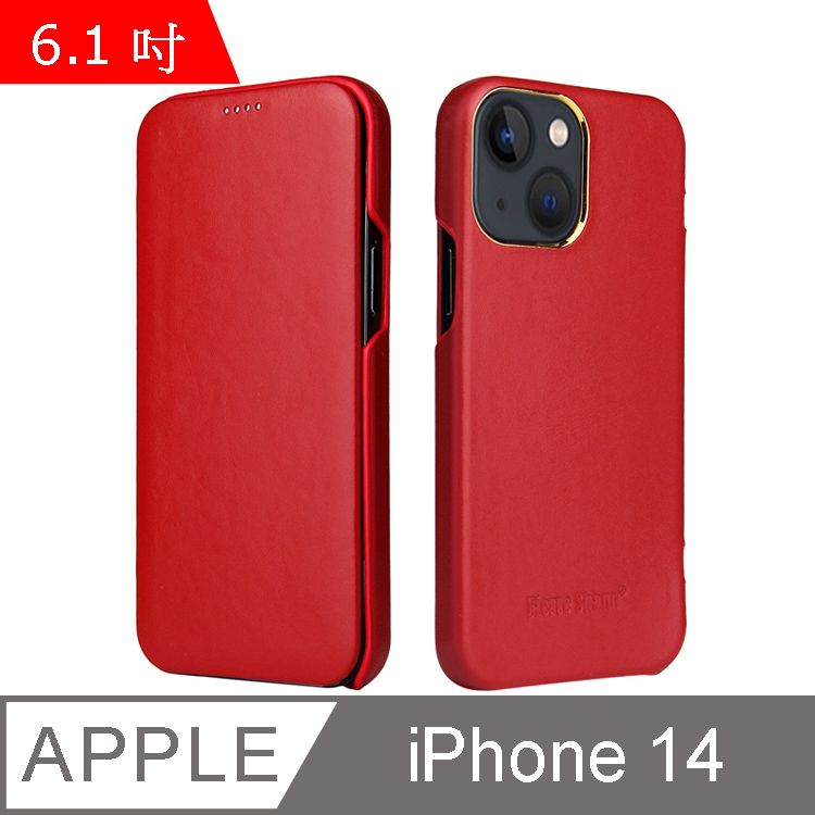 Fierre Shann  商務紋 iPhone 14 (6.1吋) 磁吸側掀 手工真皮皮套 手機皮套保護殼-紅色