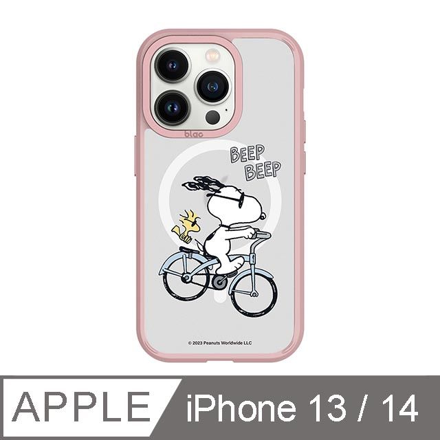 TOYSELECT 拓伊生活 iPhone 13/14 6.1吋 SNOOPY史努比 騎單車極光霧透MagSafe iPhone手機殼