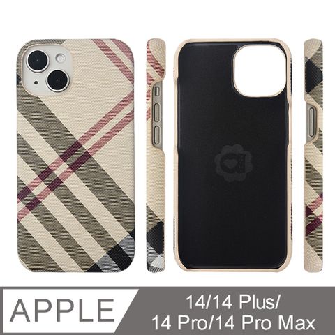Aguchi 亞古奇 iPhone 14/14 Pro/14 Plus/14 Pro Max 英倫格紋氣質背蓋手機殼/保護殼-米色