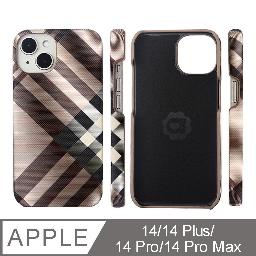 Aguchi 亞古奇  iPhone 14/14 Pro/14 Plus/14 Pro Max 英倫格紋氣質背蓋手機殼/保護殼-棕色 獨家限量發行