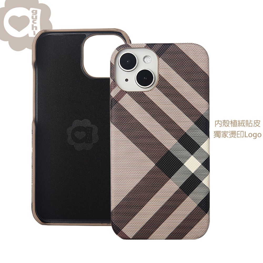 Aguchi 亞古奇  iPhone 14/14 Pro/14 Plus/14 Pro Max 英倫格紋氣質背蓋手機殼/保護殼-棕色 獨家限量發行
