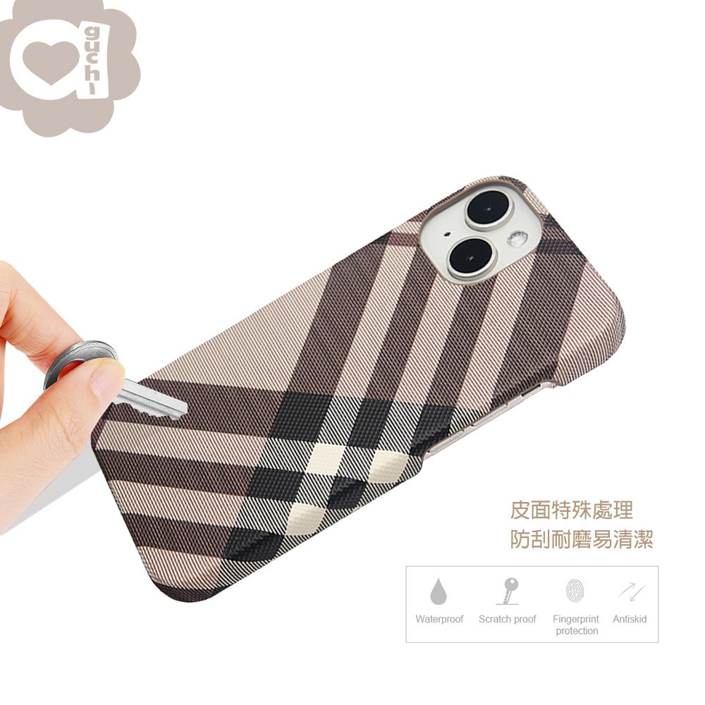 Aguchi 亞古奇  iPhone 14/14 Pro/14 Plus/14 Pro Max 英倫格紋氣質背蓋手機殼/保護殼-棕色 獨家限量發行