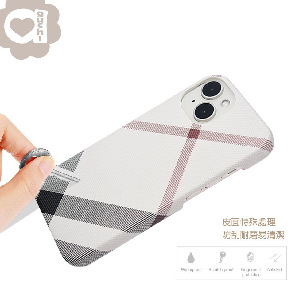 Aguchi 亞古奇 iPhone 14/14 Pro/14 Plus/14 Pro Max 英倫格紋氣質背蓋手機殼/保護殼-白色
