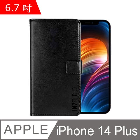 IN7 瘋馬紋 iPhone 14 Plus (6.7吋) 錢包式 磁扣側掀PU皮套 吊飾孔 手機皮套保護殼-黑色