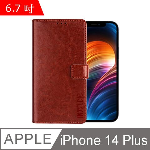 IN7 瘋馬紋 iPhone 14 Plus (6.7吋) 錢包式 磁扣側掀PU皮套-棕色