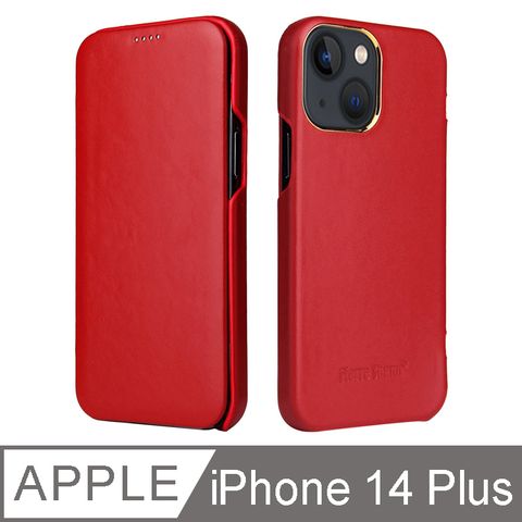 Fierre Shann 商務紋 iPhone 14 Plus (6.7吋) 磁吸側掀 手工真皮皮套 手機皮套保護殼-紅色