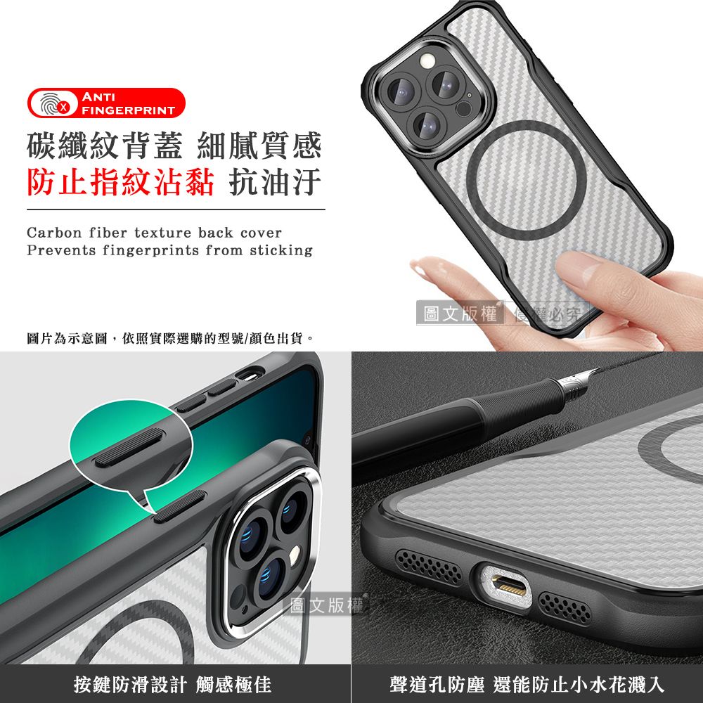 ANTIFINGERPRINT碳纖紋背蓋 細膩質感防止指紋沾黏 抗油汙Carbon fiber texture back coverPrevents fingerprints from sticking圖文版權必究圖片為示意圖,依照實際選購的型號/顏色出貨。圖文版權按鍵防滑設計 觸感極佳聲道孔防塵 還能防止小水花濺入