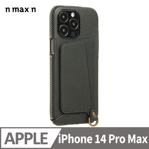 【n max n 台灣設計品牌】iPhone14 Pro Max 經典系列/附皮革手腕帶/站立卡袋-碳黑