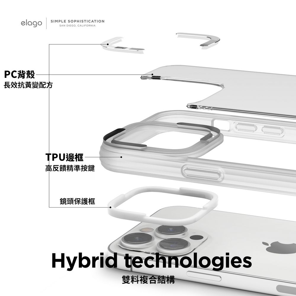 elagoSIMPLE SOPHISTICATIONSAN DIEGO CALIFORNIAPC背殼 長效抗黃變配方TPU邊框高反饋精準按鍵鏡頭保護框Hybrid technologies雙料複合結構