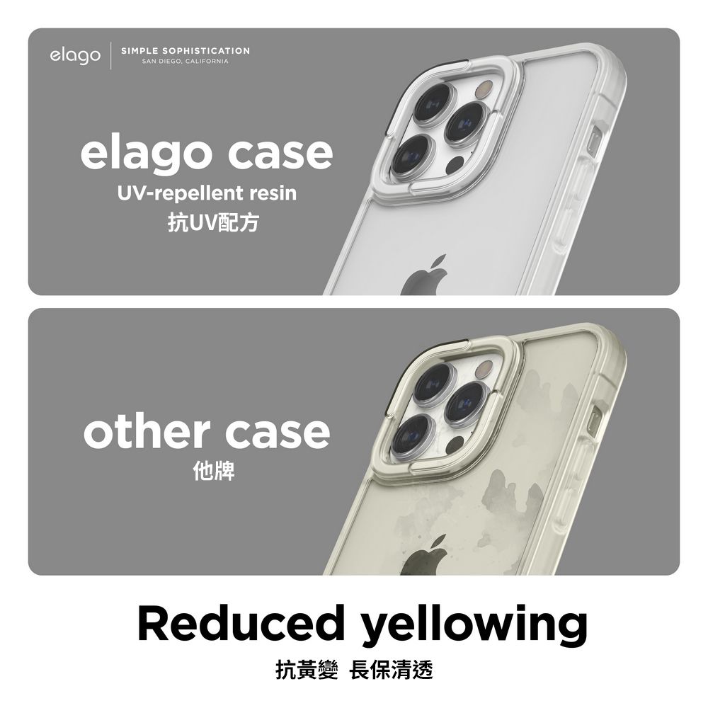 elagoSIMPLE SOPHISTICATIONSAN DIEGO CALIFORNIAelago caseUV-repellent resin抗UV配方other case他牌Reduced yellowing抗黃變長保清透