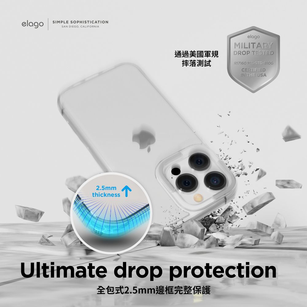 elagoSIMPLE SOPHISTICATIONSAN DIEGO CALIFORNIA2.5mm通過美國軍規摔落測試elagoMILITARYDROP TESTEDR17160 MIL-STD-810GCERTIFIEDIN THE USAUltimate drop protection全包式2.5mm邊框完整保護