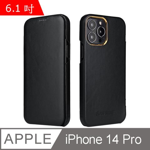 Fierre Shann 商務紋 iPhone 14 Pro (6.1吋) 磁吸側掀 手工真皮皮套 手機皮套保護殼-黑色