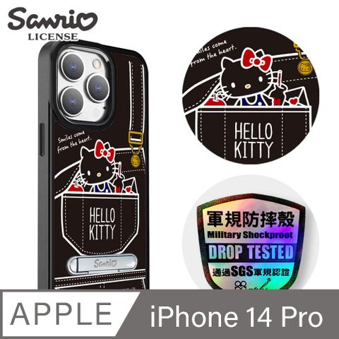 APBS 三麗鷗 iPhone 14 Pro 6.1吋軍規防摔鋁合金鏡頭框立架手機殼-牛仔凱蒂-黑框