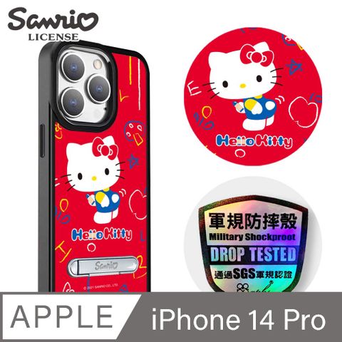 APBS 三麗鷗 iPhone 14 Pro 6.1吋軍規防摔鋁合金鏡頭框立架手機殼-動感凱蒂-黑框