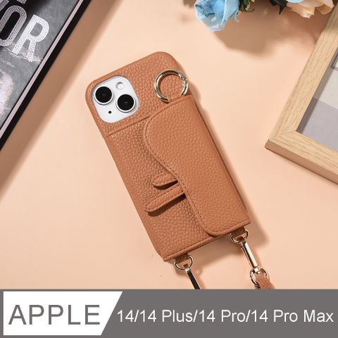 Aguchi 亞古奇 Apple iPhone 14/14 Plus/14 Pro/14 Pro Max 馬鞍卡包手機皮套 頂級皮革搭配精鍍配件 附美妝鏡及皮質背帶 - 焦糖