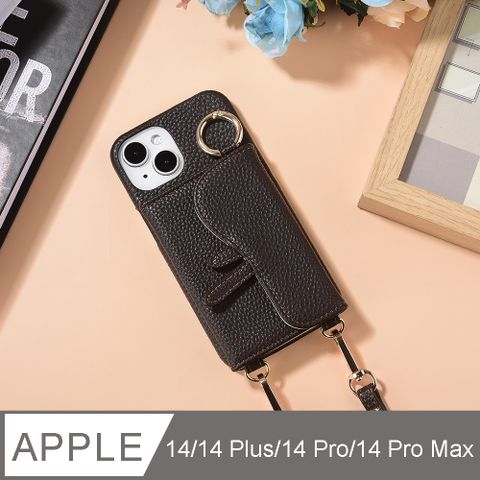 Aguchi 亞古奇 Apple iPhone 14/14 Plus/14 Pro/14 Pro Max 馬鞍卡包手機皮套 頂級皮革搭配精鍍配件 附美妝鏡及皮質背帶 - 黑褐