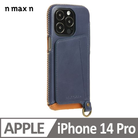 iPhone14 Pro 經典系列附皮革手腕帶 全包覆站立架手機套-海軍藍