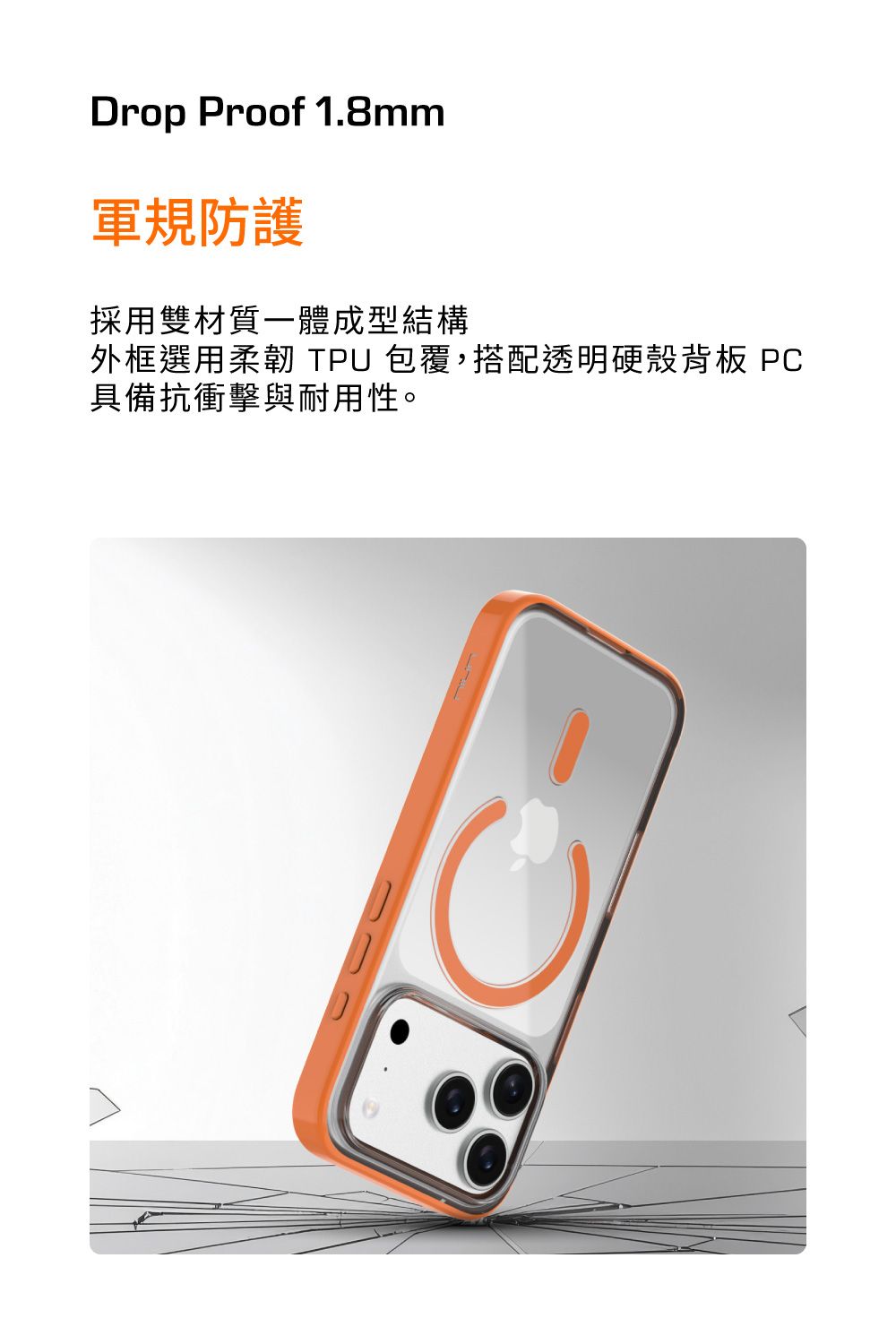 Drop Proof 1.8mm軍規防護採用雙材質一體成型結構外框選用柔韌 TPU 包覆,搭配透明硬殼背板 PC具備抗衝擊與耐用性。