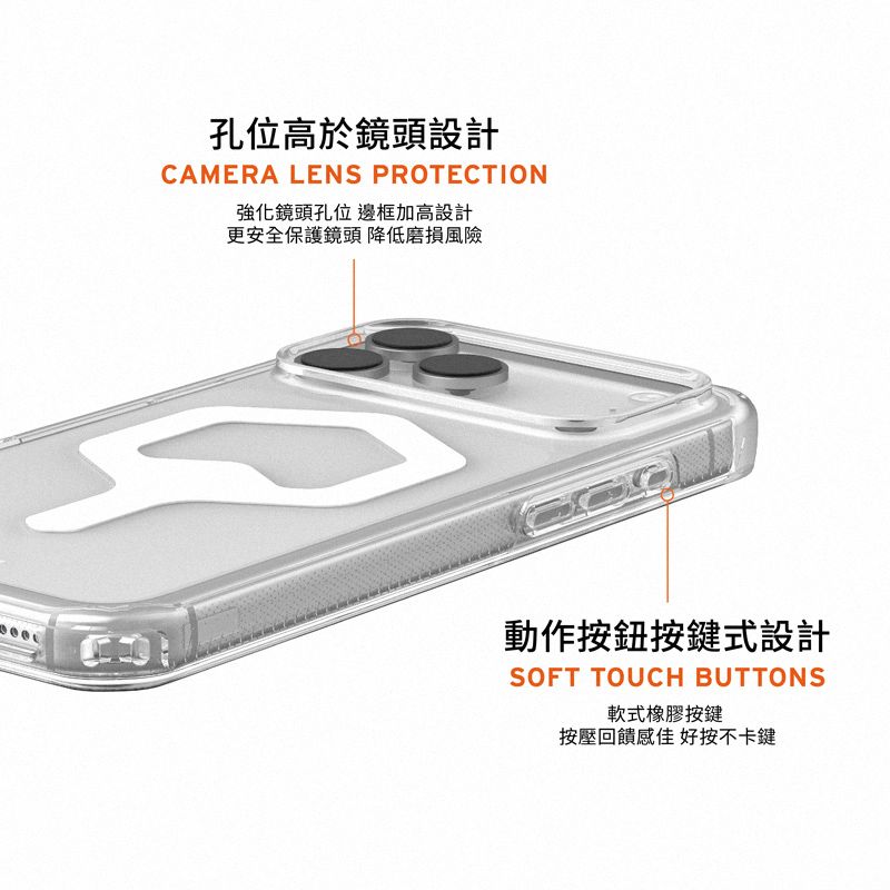 孔位高於鏡頭設計CAMERA LENS PROTECTION強化鏡頭孔位 邊框加高設計更安全保護鏡頭 降低磨損風險動作按鈕按鍵式設計SOFT TOUCH BUTTONS軟式橡膠按鍵按壓回饋感佳 好按不卡鍵