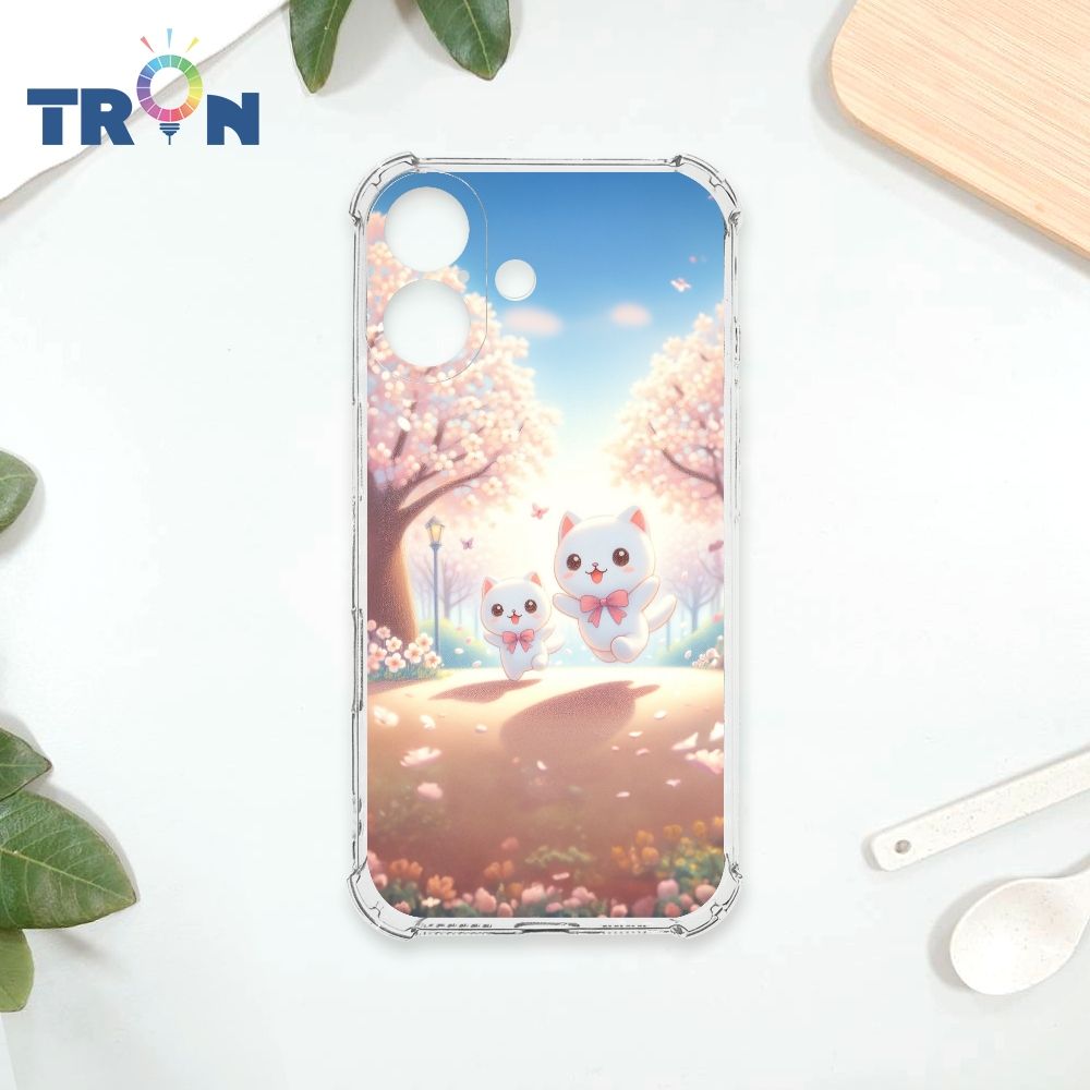  TRON iPhone 16 櫻花插畫風格白貓咪 四角防摔殼 手機殼