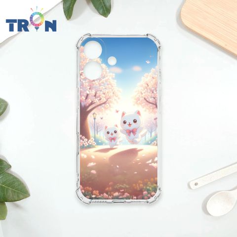 TRON iPhone 16 櫻花插畫風格白貓咪 四角防摔殼 手機殼