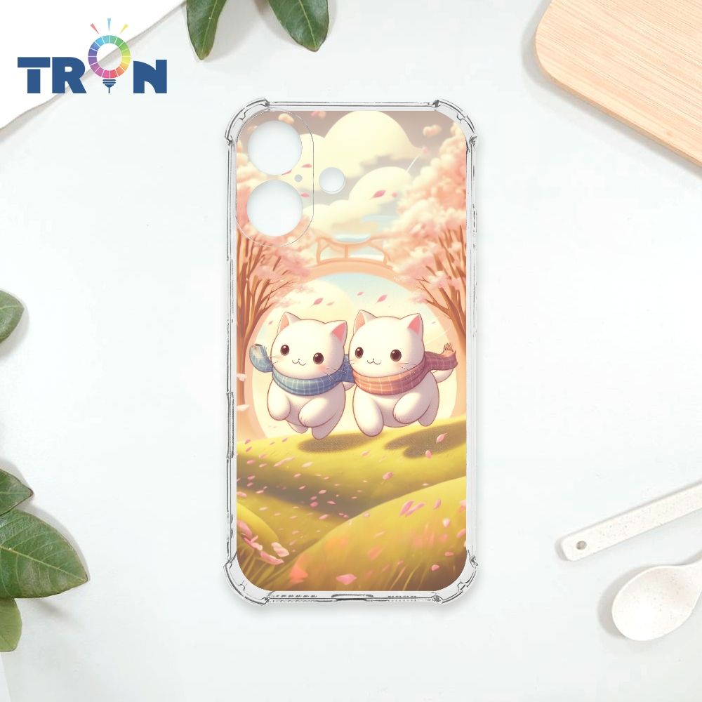  TRON iPhone 16 櫻花插畫風格白貓咪 四角防摔殼 手機殼