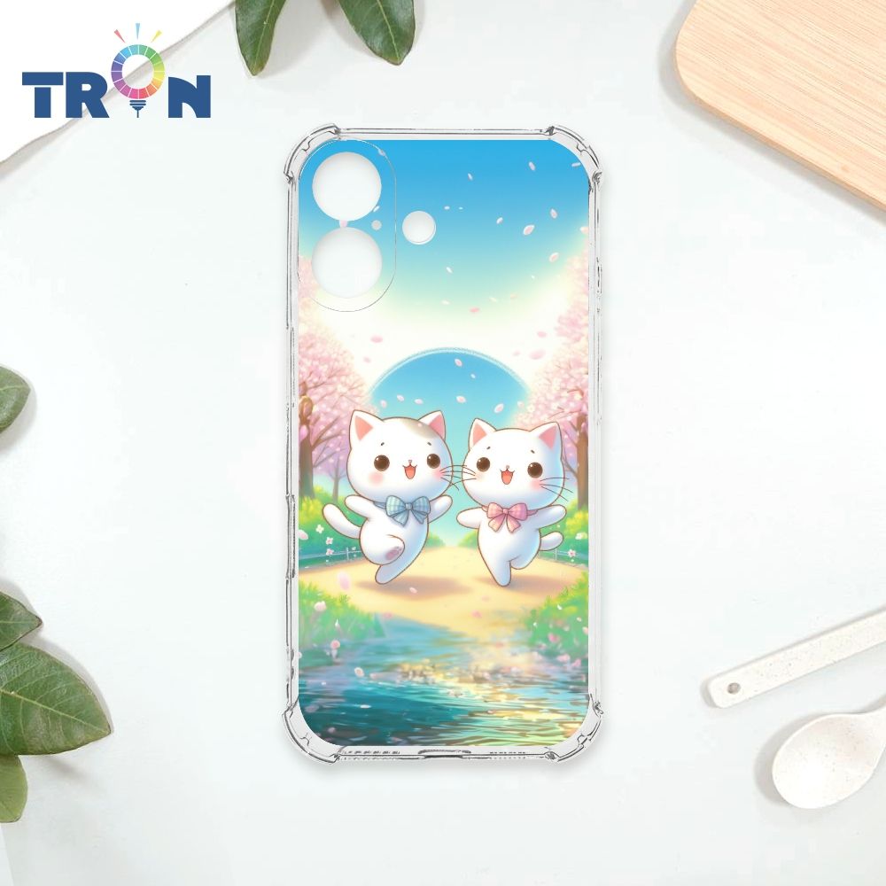  TRON iPhone 16 櫻花插畫風格白貓咪 四角防摔殼 手機殼