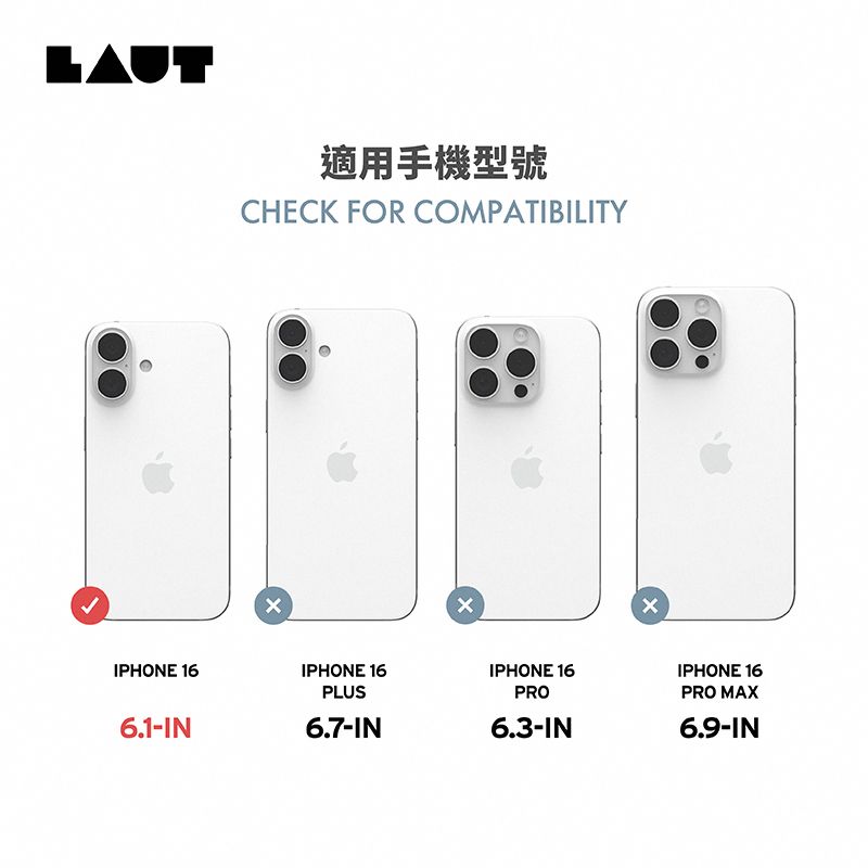 LAUTIPHONE 166.1-IN適用手機型號CHECK FOR COMPATIBILITYIPHONE 16PLUS6.7-INIPHONE 16PRO6.3-INIPHONE 16PRO MAX6.9-IN