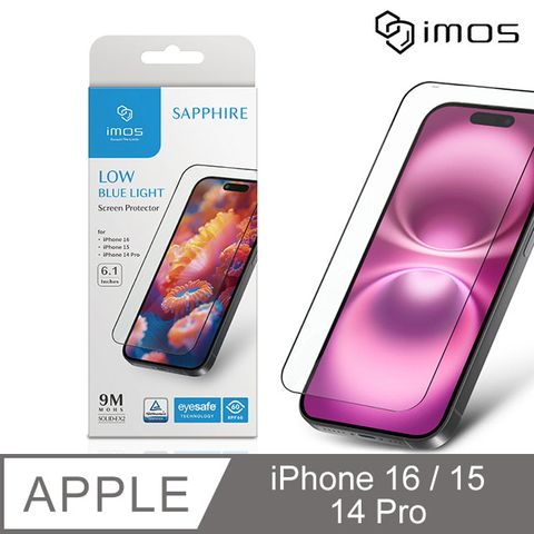 imos Apple iPhone 16 / 15 / 14 Pro 6.1吋 9M滿版黑邊RPF60低藍光螢幕保護貼(人造藍寶石)