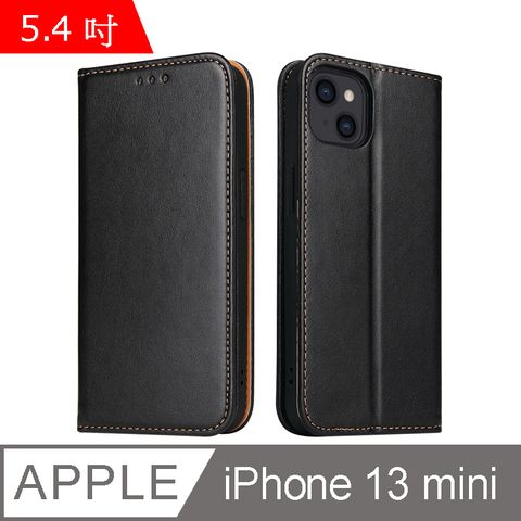 Fierre Shann 真皮紋 iPhone 13 mini (5.4吋) 錢包支架款 磁吸側掀 手工PU皮套保護殼-黑色