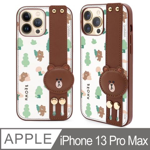 GARMMA LINE FRIENDS iPhone 13 Pro Max 6.7吋 手掌帶燙金皮革保護套