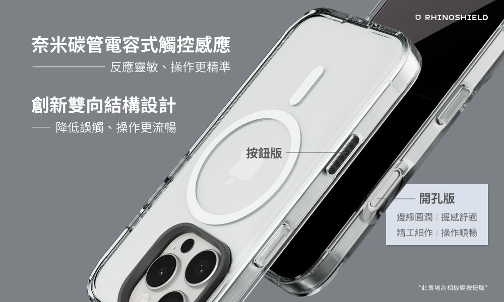 奈米碳管電容式觸控感應反應靈敏、操作更精準創新雙向結構設計 RHINOSHIELD降低誤觸、操作更流暢按鈕版開孔版邊緣圓潤握感舒適精工細作操作順暢此賣場為相機鍵按鈕版*