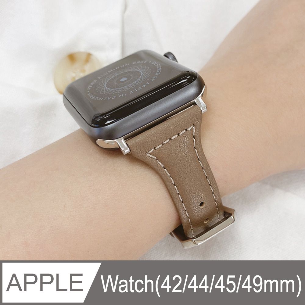 Apple 蘋果 【Timo】 Watch 42/44/45mm 經典質感細款皮革錶帶-淺棕